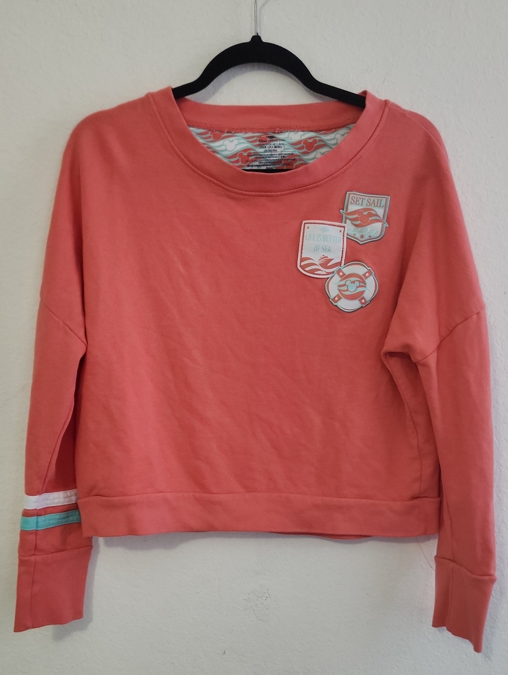 Nautical Disney Coral Pink Patch Cropped Pullover Sweatshirt S